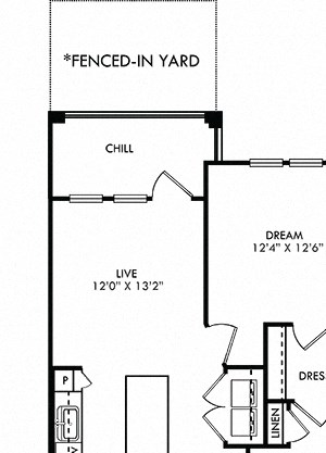 The Oatts with Fenced-in Yard The Oatts with Fenced-in Yard. 1 bedroom apartment. Kitchen with island open to living room. 1 full bathroom. Walk-in closet. Patio/balcony open to yard.